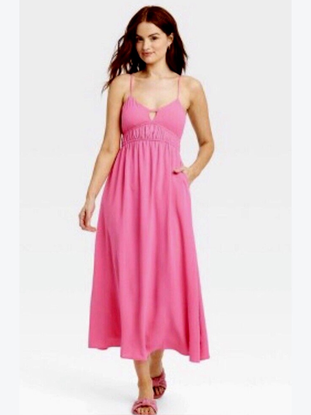 A new day pink empire waist sleeveless pocket barbiecore pink midi dress size S